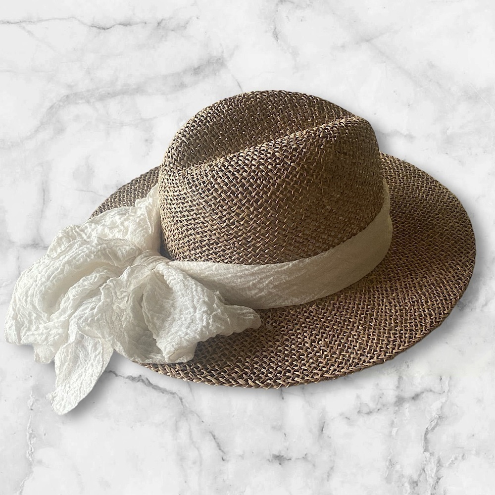 Round Ranger Wide Brim Woven Rattan Hat Cream Ribbon New